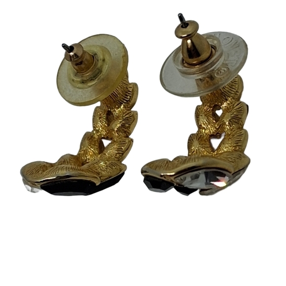 Monet Vintage Black & White Rhinestone Foliate Design Earrings - Picture 5 of 5